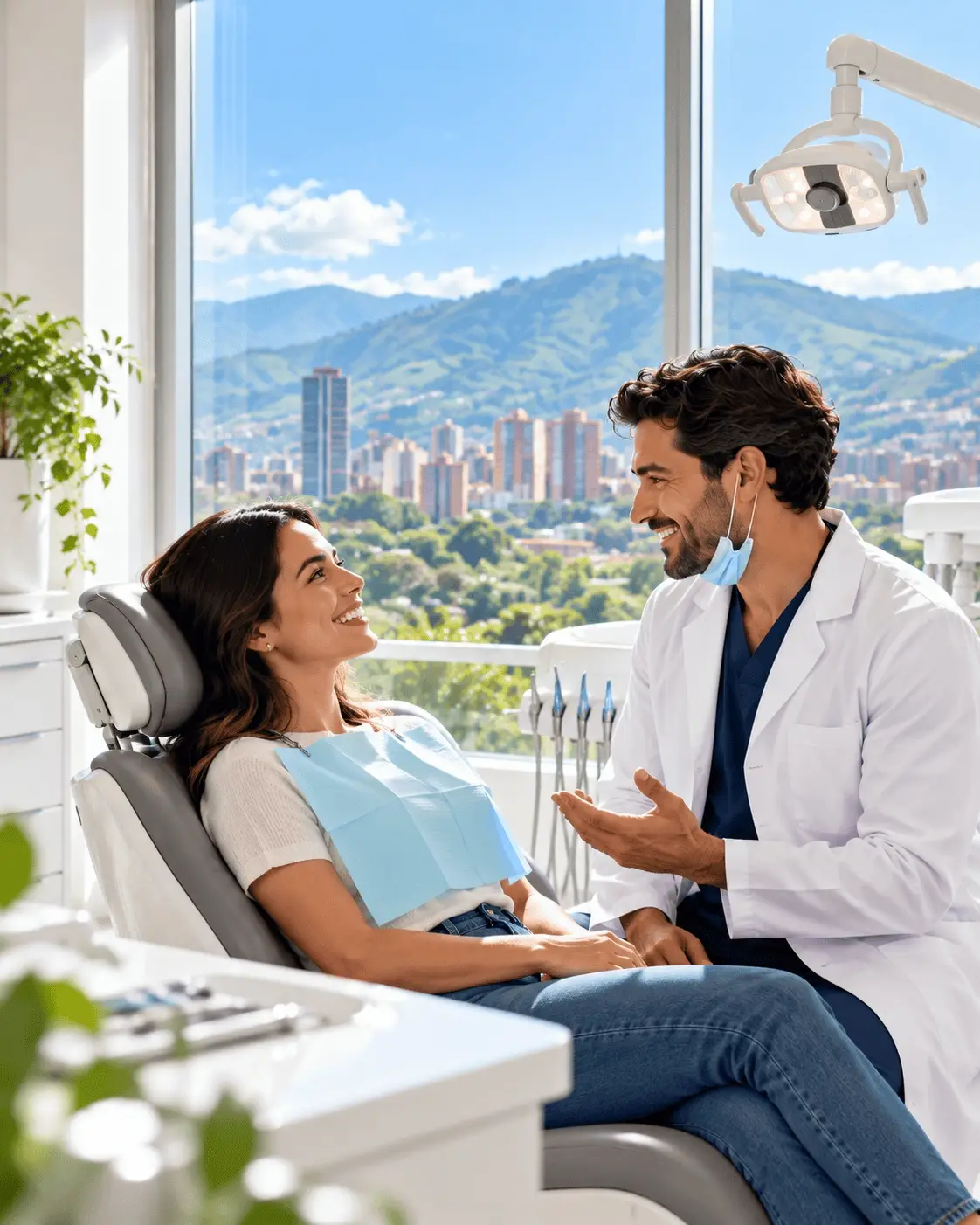 Odontólogo conversando con una paciente en un consultorio con vista a Medellín